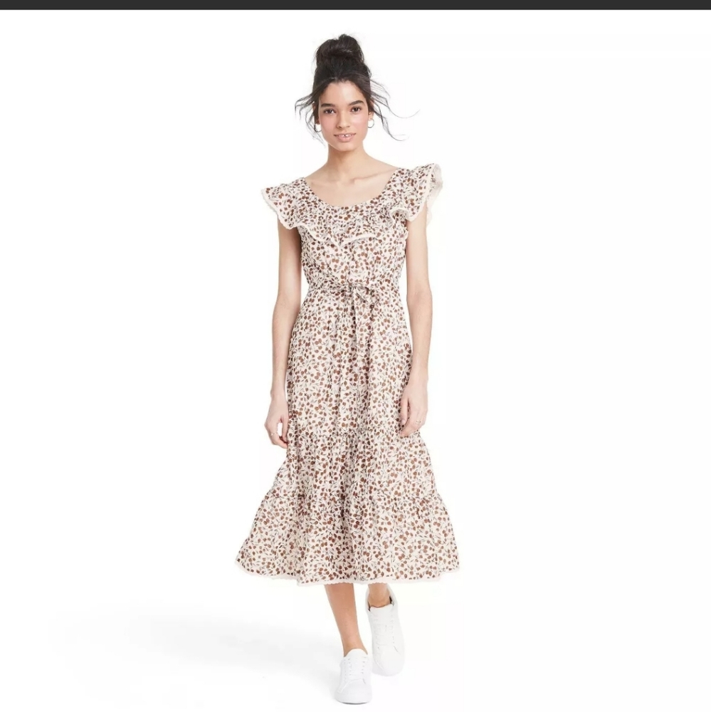 NWT RIXO Floral Sleeveless Ruffle Dress Brown